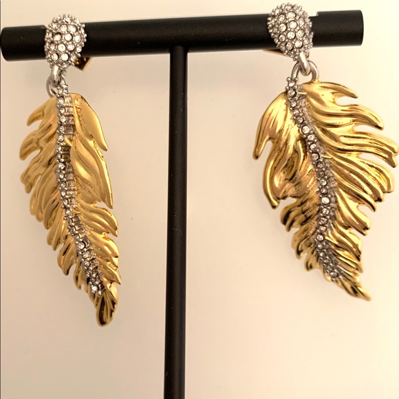 Alexis Bittar Gold Georgian Feather Swarovski Crystal Post Drop Hinged Earrings - Picture 9 of 15